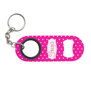 Bright pink flower polka dots name bottle opener