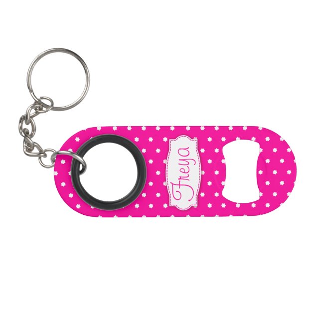 Bright pink flower polka dots name bottle opener (Front (Horizontal))
