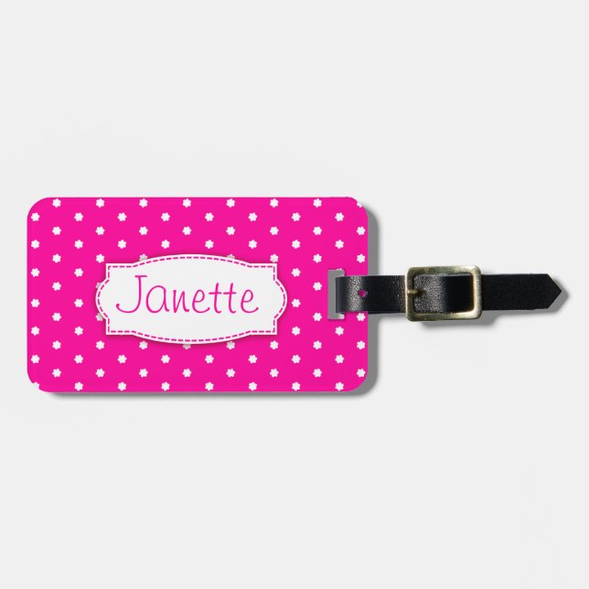 Bright pink flower polka dots named luggage tag (Front Horizontal)
