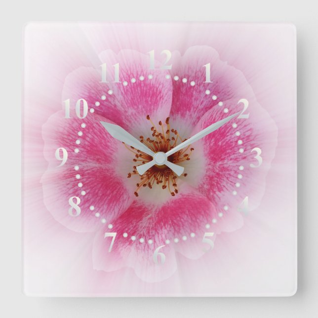 bright pink flower square wall clock (Front)