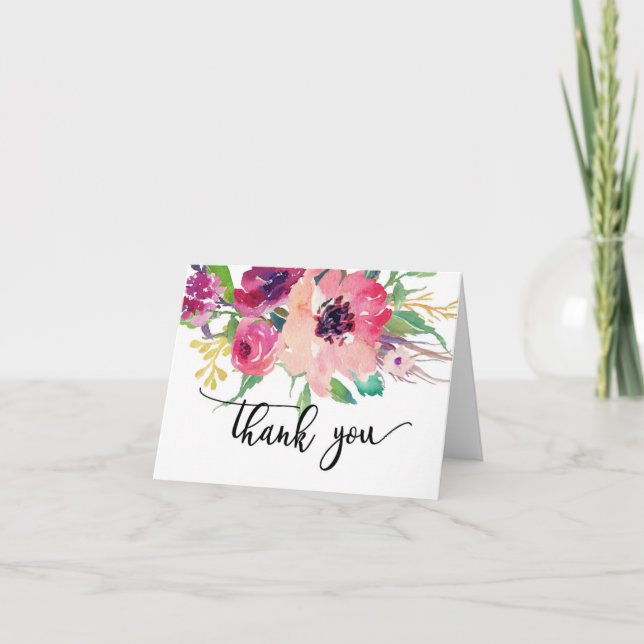 Bright pink  flower water color THank you note Card (Front)