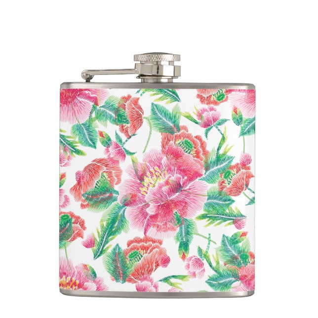 Bright Pink Flowers Pattern Girly Design Hip Flask (Front)