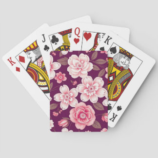 Bright pink flowers pattern on purple playing cards