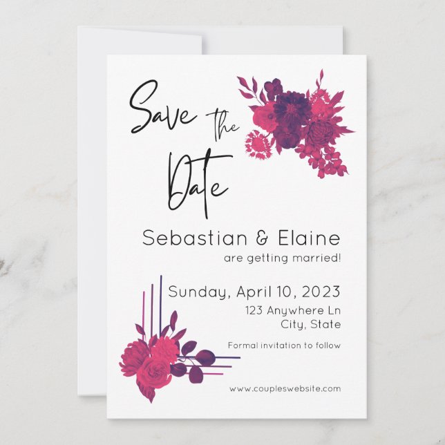 Bright Pink Flowers & Romantic Magenta Wedding  Save The Date (Front)