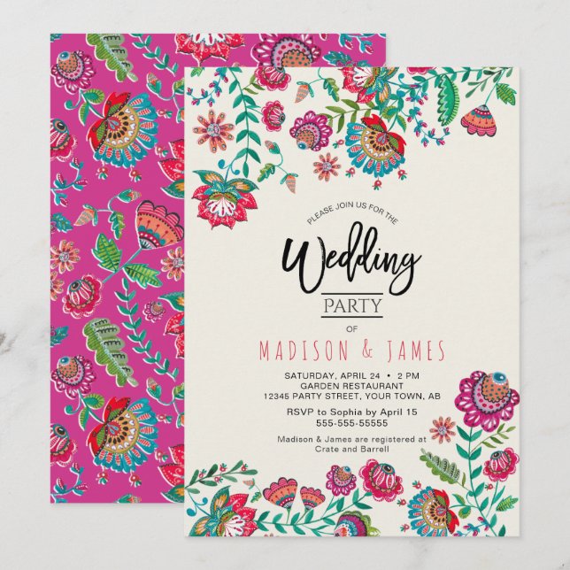 Bright pink folk flower Mexican boho wedding Invitation (Front/Back)
