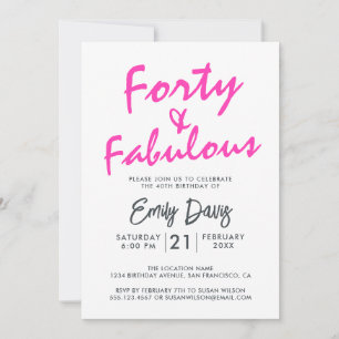 Bright Pink Forty Fabulous   40th Birthday Party Invitation