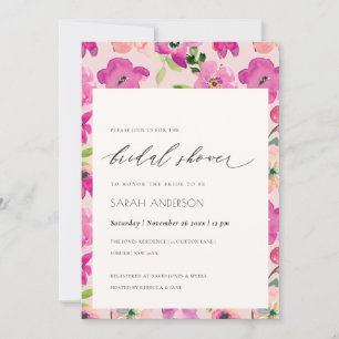 Bright Pink Fun Watercolor Floral Bridal Shower Invitation