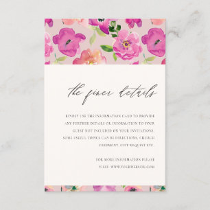 Bright Pink Fun Watercolor Floral Wedding Details Enclosure Card