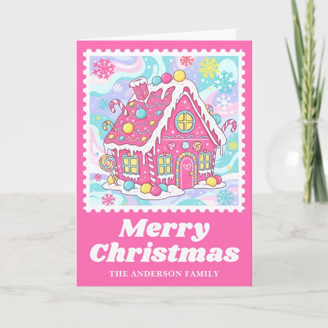 Bright Pink Gingerbread House Postage Stamp Holiday Card (Front)