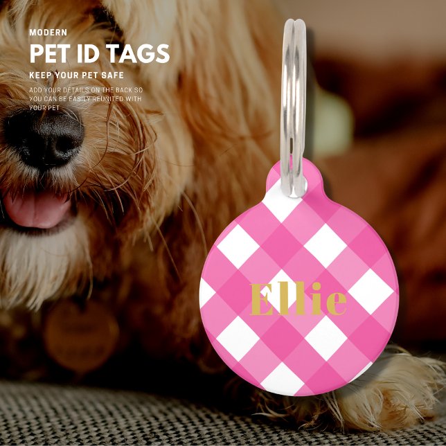 Bright Pink Gingham Check Custom Dog Tag (Creator Uploaded)