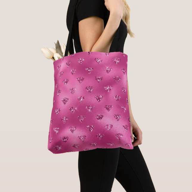 Bright Pink Glam Sparkly Diamonds Pattern Tote Bag (Close Up)