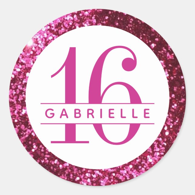 Bright Pink Glitter Birthday Favour Sticker Label (Front)