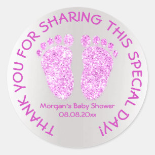 Bright Pink Glitter Feet Baby Shower Grey Thank Classic Round Sticker