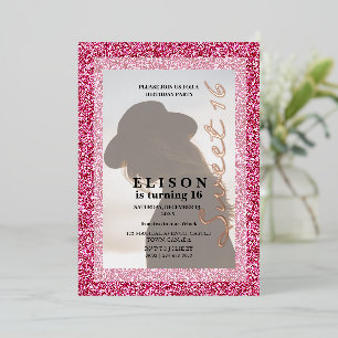 Bright Pink Glitter Modern Script Photo Sweet 16