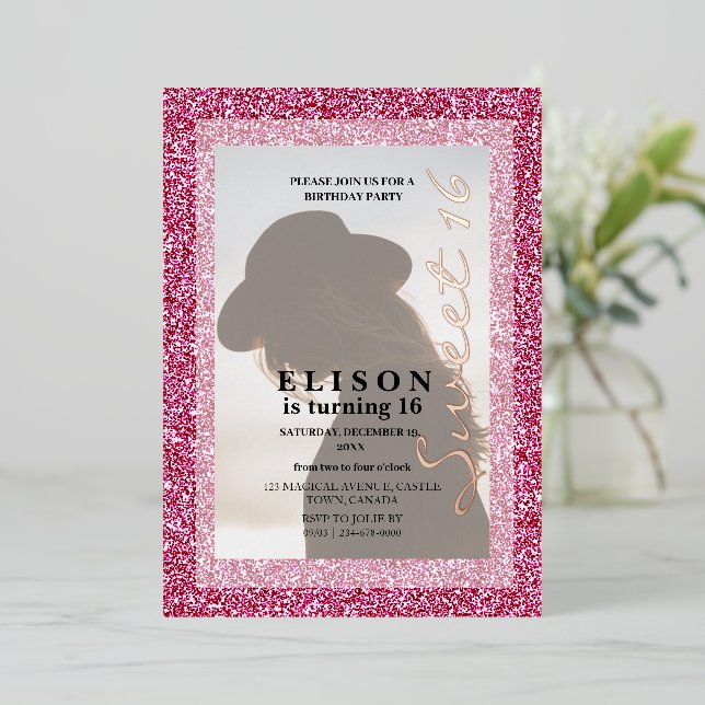 Bright Pink Glitter Modern Script Photo Sweet 16 (Standing Front)