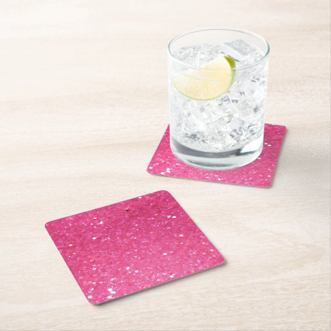 Bright Pink Glitter Square Paper Coaster (Insitu)