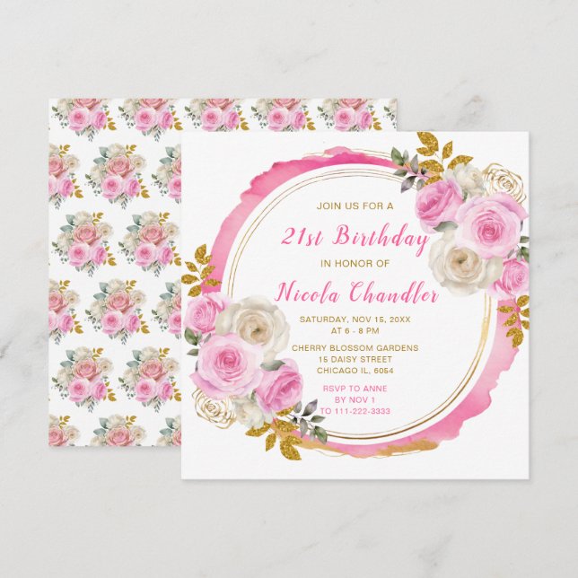 Bright Pink Gold Elegant Flowers Birthday Party Invitation (Front/Back)