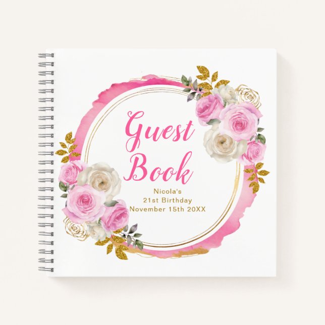 Bright Pink Gold Elegant Flowers Birthday Party Notebook (Front)