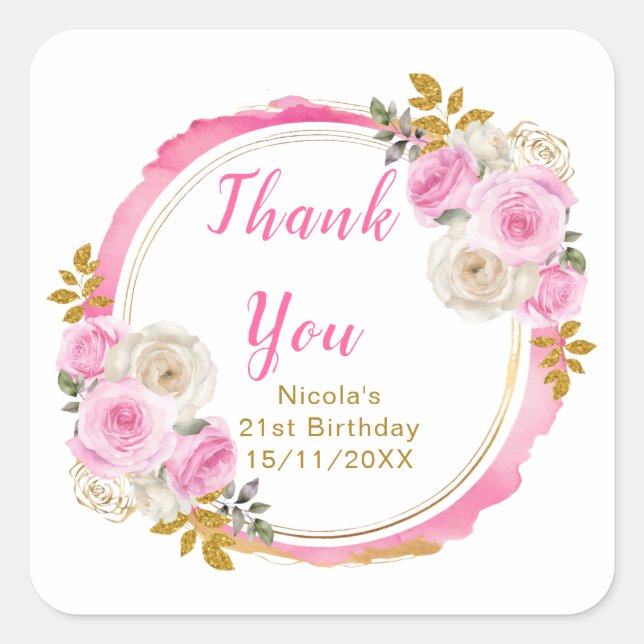 Bright Pink Gold Elegant Flowers Birthday Party Square Sticker (Front)