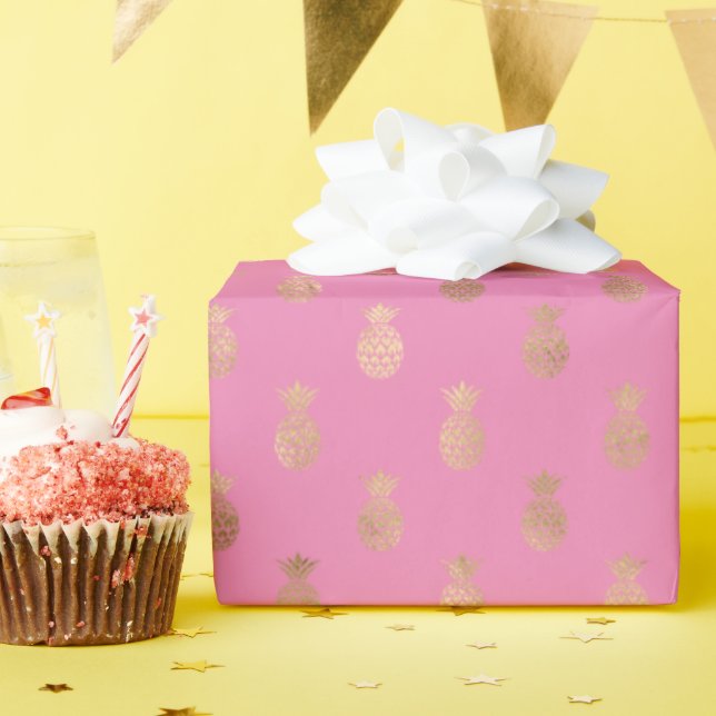 Bright Pink Gold Glam Tropical Pineapples Wrapping Paper (Birthday Party)