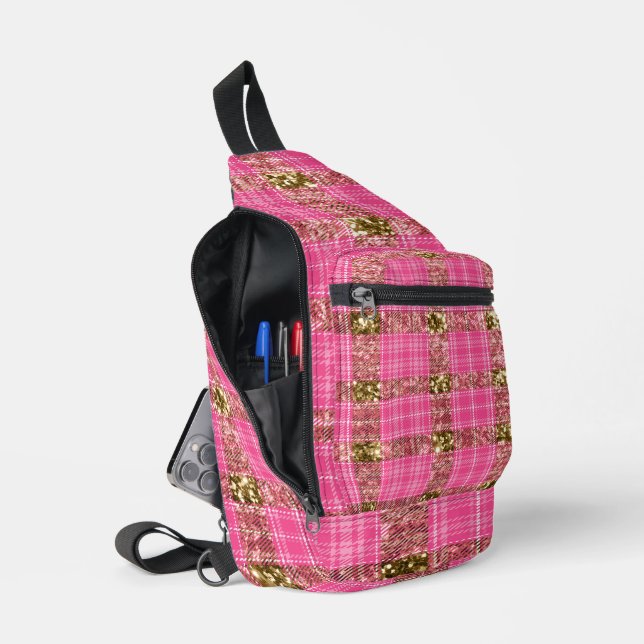 BRIGHT PINK & GOLD GLITTER LOOK PLAID PATTERN SLING BAG (Open)