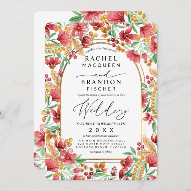 Bright Pink Golden Yellow Floral Arch Wedding Invitation (Front/Back)