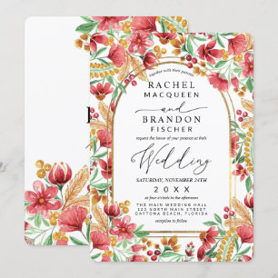 Bright Pink Golden Yellow Floral Arch Wedding Invitation