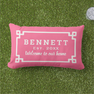 Bright Pink Greek Key Custom Monogram Welcome Lumbar Cushion
