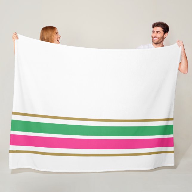 Bright Pink Green Edge Racing Stripes On White Fleece Blanket (In Situ)
