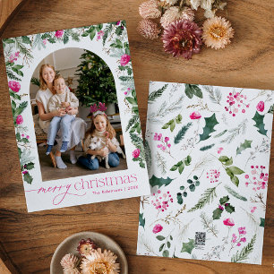 Bright Pink & Greenery Arch Merry Christmas Photo Holiday Card