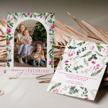 Bright Pink & Greenery Arch Photo Merry Christmas Holiday Card<br><div class="desc">This collection features watercolor bright pink florals,  berries & winter greenery with modern & elegant typography,  with a winter botanical pattern back.</div>