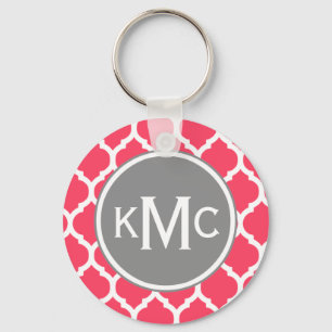 Bright Pink Grey Monogrammed Moroccan Lattice Key Ring