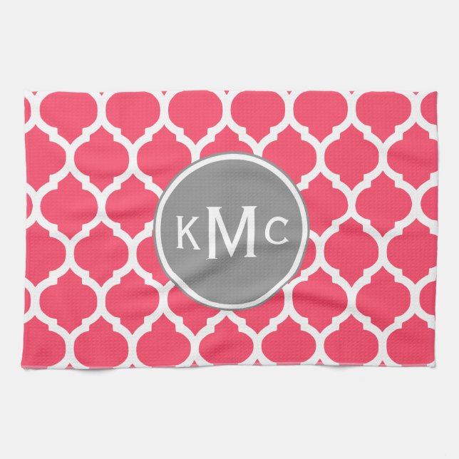 Bright Pink Grey Monogrammed Moroccan Lattice Tea Towel (Horizontal)