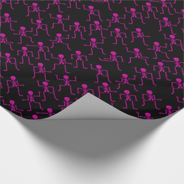 Bright Pink Happy Dancing Skeletons Horror Pattern Wrapping Paper (Corner)