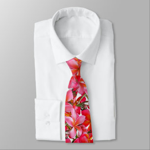Bright Pink Hawaiian Plumeria Print Neck Tie