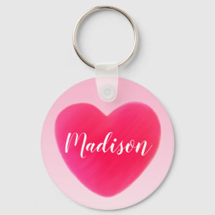 Bright Pink Heart Custom Name Key Ring