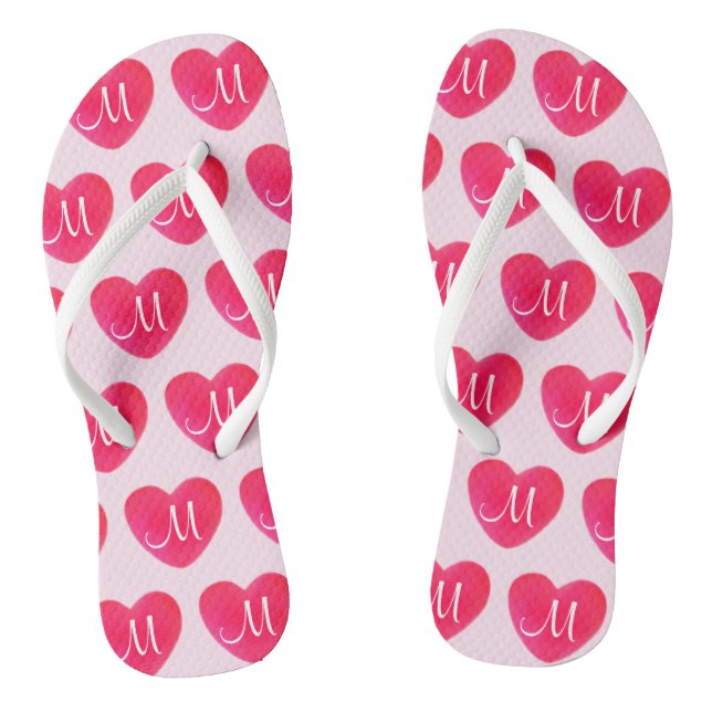 Bright Pink Heart Monogram Pattern Flip Flops (Footbed)
