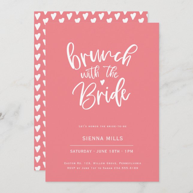 Bright Pink Hearts Calligraphy Bridal Brunch Invitation (Front/Back)