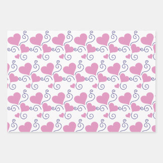 Bright Pink Hearts With Decorative Blue Swirls Wrapping Paper Sheet