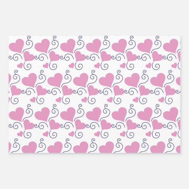 Bright Pink Hearts With Decorative Blue Swirls Wrapping Paper Sheet (Front)
