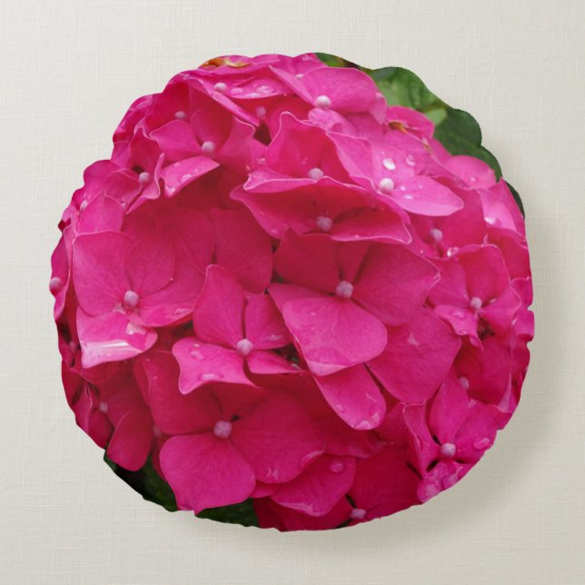 Bright Pink Hydrangea Close Up Round Pillow (Front)