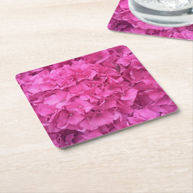 Bright Pink Hydrangea Flowers Square Paper Coaster (Angled)