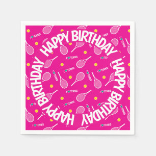 Bright pink I love tennis, Happy Birthday Napkin