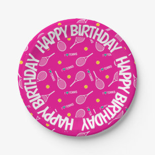 Bright pink I love tennis,  Happy Birthday Paper Plate