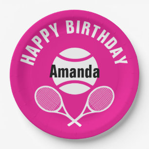 Bright pink I love tennis Paper Plate