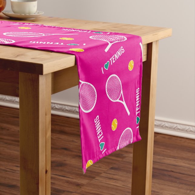 Bright pink I love tennis pattern Short Table Runner (In Situ)