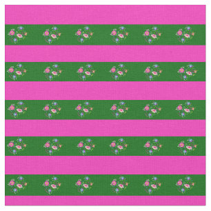 Bright pink, Island green, folk flower stripe Fabric