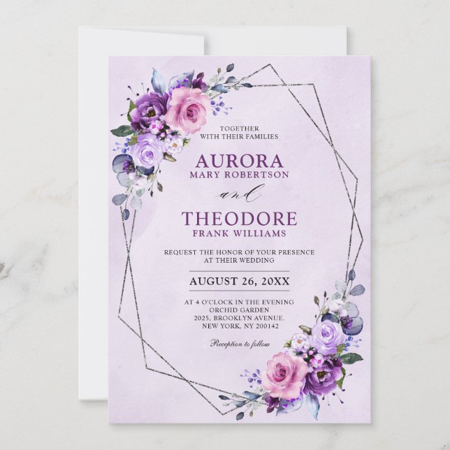 Bright Pink Lilac Purple Shades Flowers Wedding    Invitation (Front)