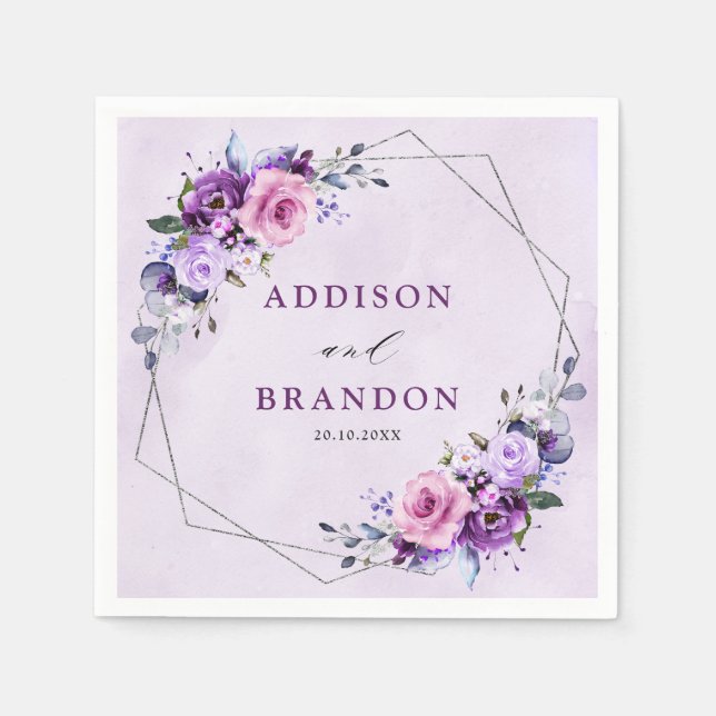 Bright Pink Lilac Purple Shades Flowers Wedding Napkin (Front)