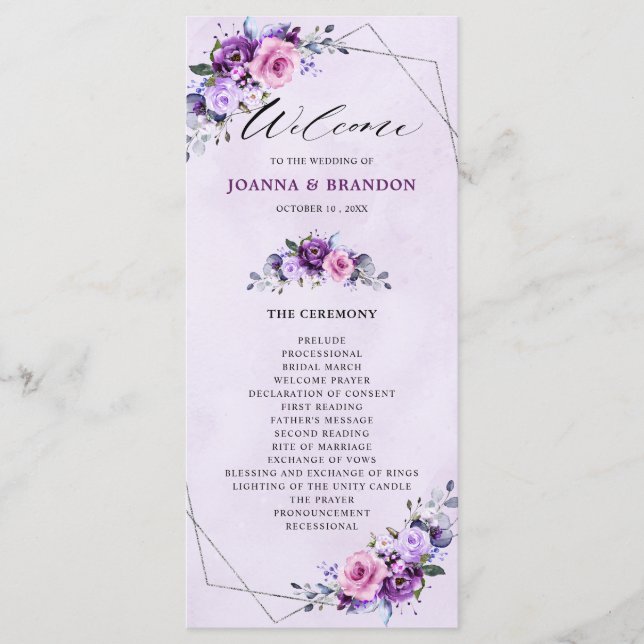 Bright Pink Lilac Purple Shades Flowers Wedding  Programme (Front)